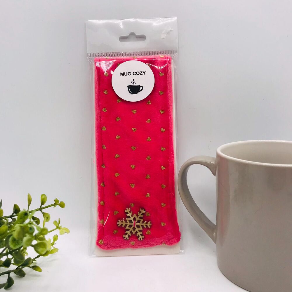 Handmade Mug Cozy, Pink Fleece w Glitter Dots, Hot Drink Cozy, Stocking Stuffer